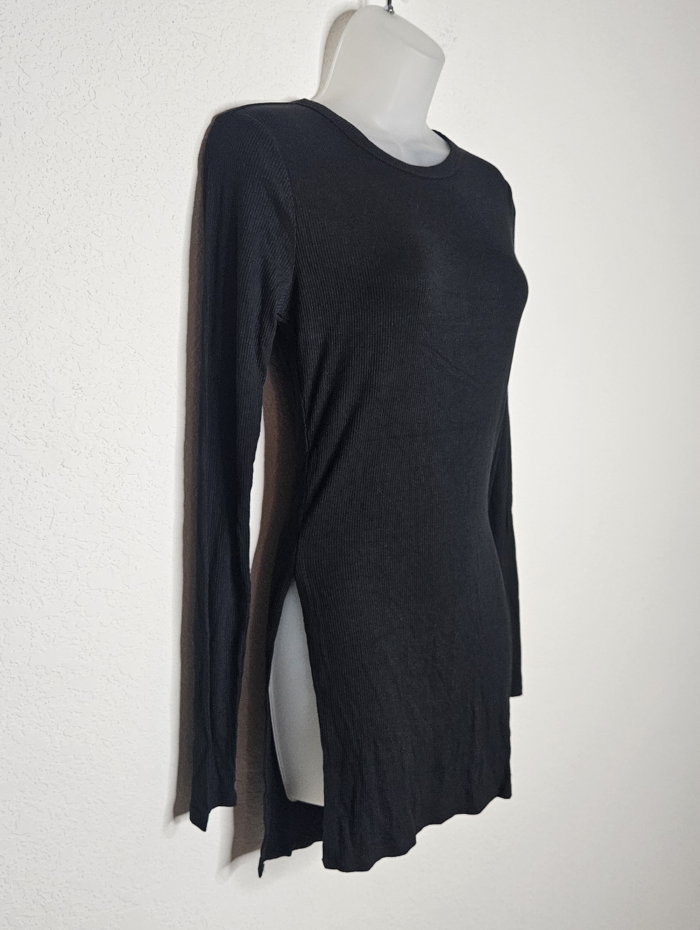 Naked Wardrobe Black Ribbed Long Sleeve Tunic Side Slit Bodycon Stretch XL NWOT